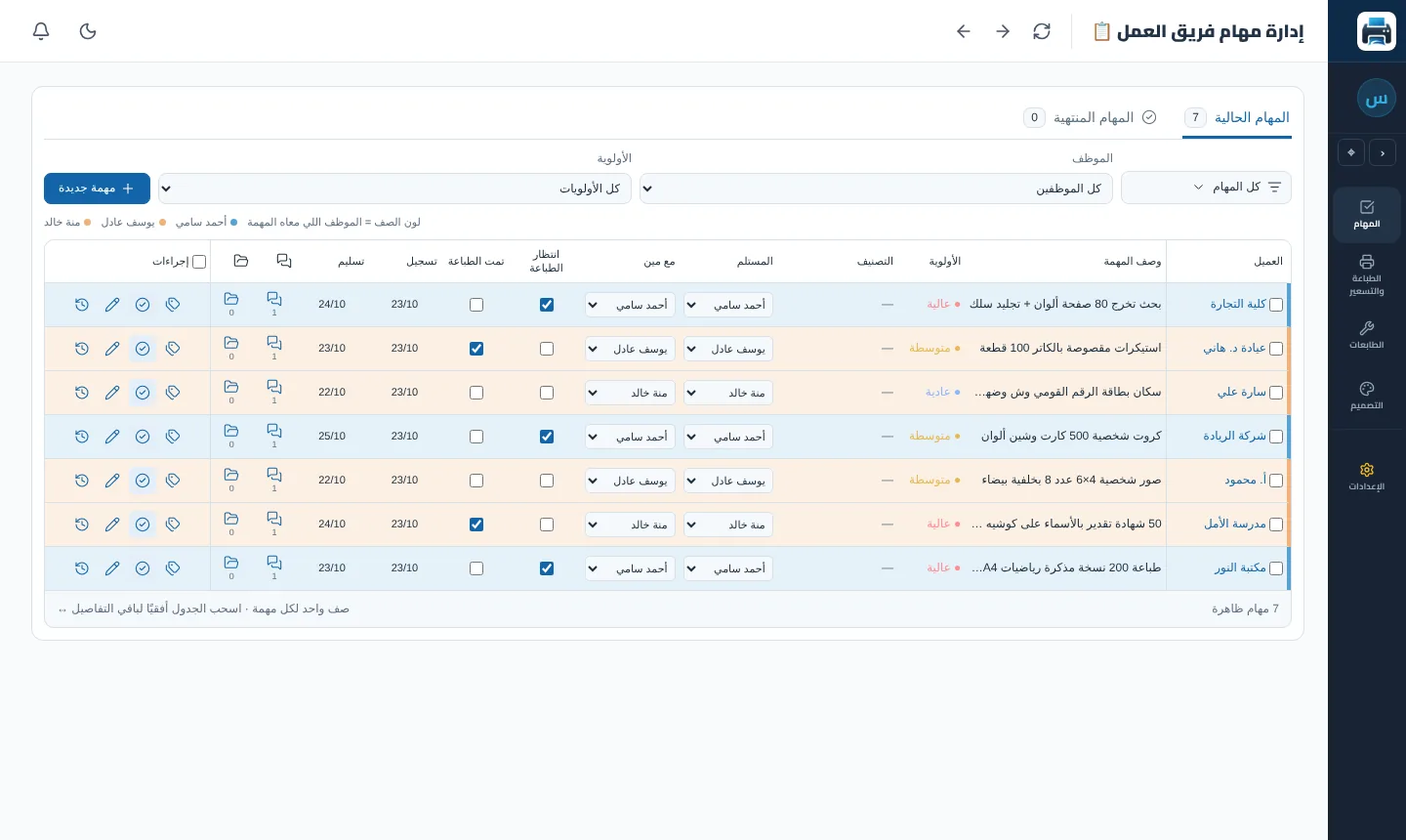 جدول المهام: سبع مهام موزعة على ثلاث موظفين بألوان مختلفة ومواعيد تسليم